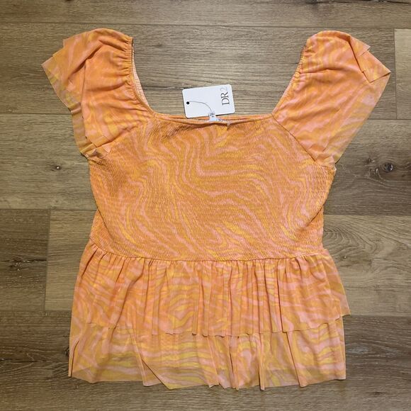 Dr 2 Women’s XL Orange Peplum Smocked Off The Shoulder Flutter Ruffle Blouse - Picture 4 of 6